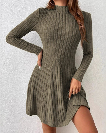 Women's slim fit half high collar waist cinched A-line skirt long sleeved pit stripe dress