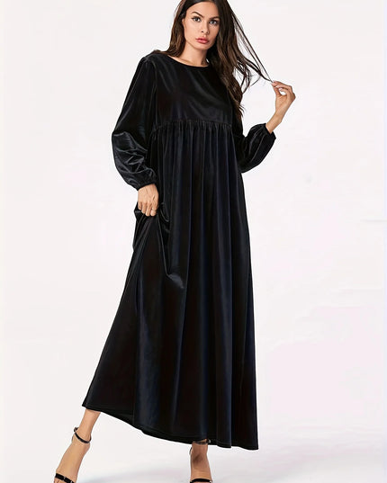 Plus size women's autumn and winter new solid color velvet slim long sleeve swing A-line skirt dress