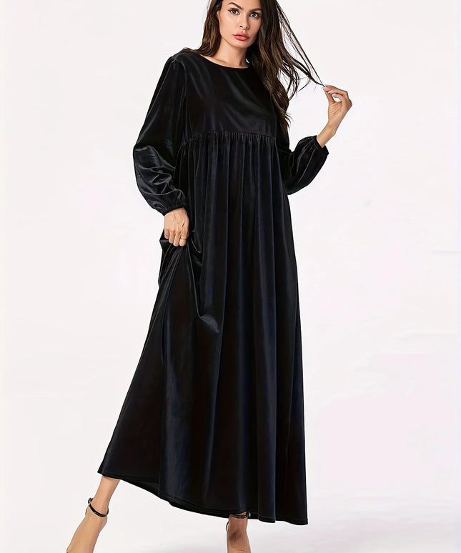 Plus size women's autumn and winter new solid color velvet slim long sleeve swing A-line skirt dress