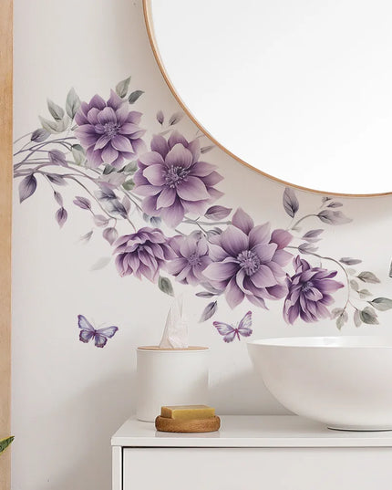 Purple Flowers Butterfly Wall Stickers Living Room Bedroom Background Decor Mural Bathroom Home Decoration Self-adhesive Decals