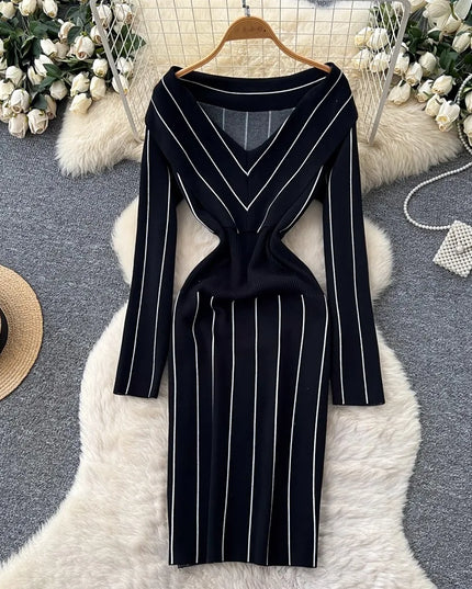YuooMuoo Chic Fashion Elegant Wrap Hip Knitted Autumn Dress Women Vintage Slim Waist Stripes Bodycon Sweater Dress Lady Vestidos