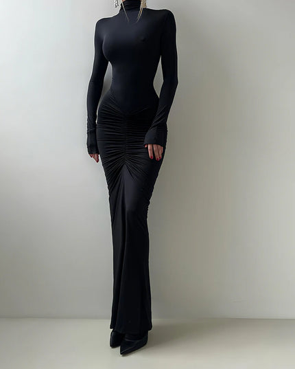 Sisterlinda Autumn New Style Long Dress Woman Turtleneck Full Sleeve Skinny High Stretch Daily Casual Fashion Elegant Vestidos