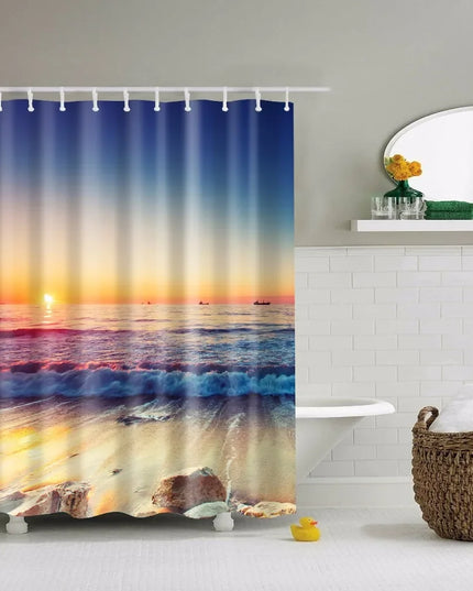 Seaside Scenic Beach Shells Shower Curtains Starfish Conch Blue Board Palm Trees Sunset Nature Scenery Bathroom Curtain Decor