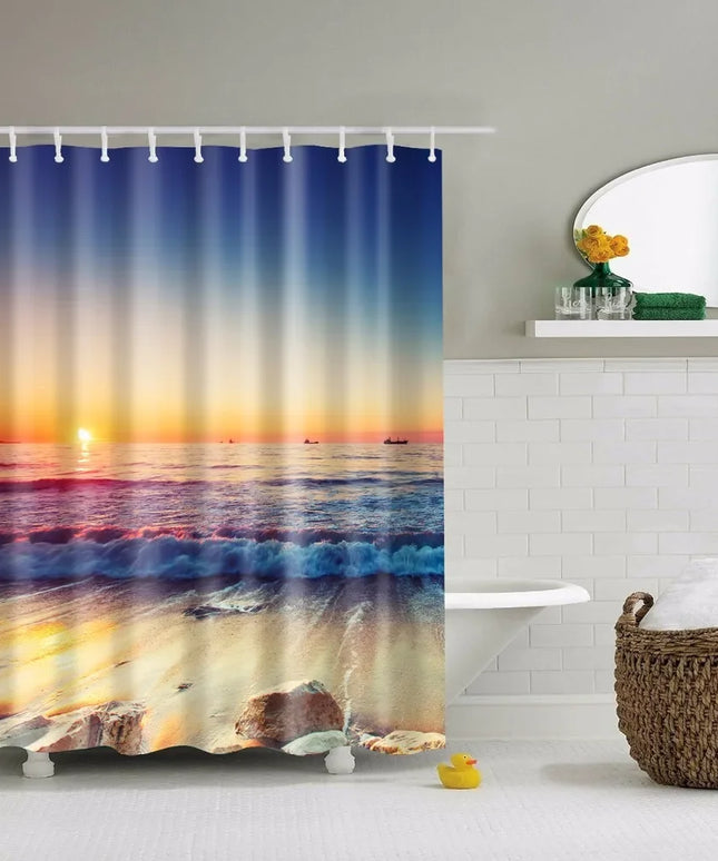Seaside Scenic Beach Shells Shower Curtains Starfish Conch Blue Board Palm Trees Sunset Nature Scenery Bathroom Curtain Decor