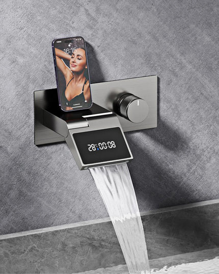 Luxury gun gray brass wall mounted bathroom faucet with LED digital display Single handle hot & cold water embedded bathroom Tap