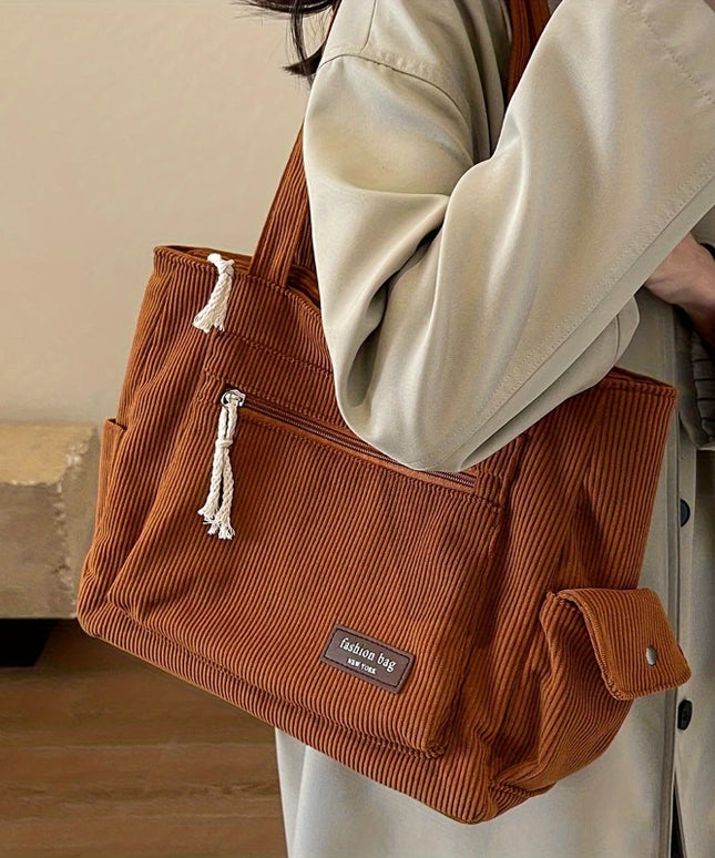 Simple Corduroy Tote Bag, Solid Color Shoulder Bag, Retro Multi Pockets Handbag For School Work Shopping