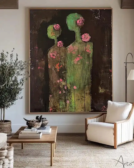 Mhemyo Abstract Woman Figure Handmade Painting Large Brown Green Texture Painting Vintage Abstract People Art Wabi Sabi Wall Art