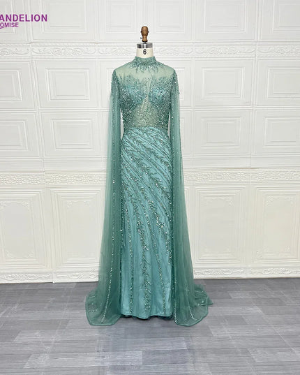 Luxury Saudi Arabia Mermaid Beaded Cape Sleeves High-Neck Evening Dresses 2025 Dubai Party Gowns for Women Wedding Customized