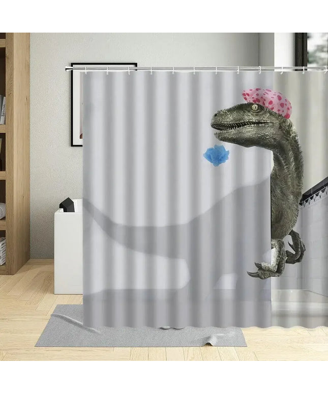 Funny Dinosaur Shower Curtain Dino Kid Cute Cartoon Children Animal Fun Girl Boy White Grey Polyester Fabric Hook Bathroom Decor