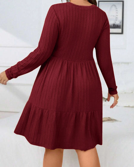 Plus size women's autumn and winter dress, solid color round neck long sleeve ruffle hem dress with pockets, autumn and winter p