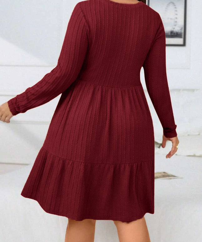 Plus size women's autumn and winter dress, solid color round neck long sleeve ruffle hem dress with pockets, autumn and winter p