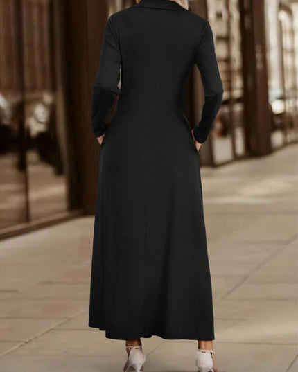 ﻿ Women's Elegant Solid Maxi Dress Fashion Simple Long Skirt 2025 Spring Autumn Slim Long Sleeves Shirt Dresses With Pockets