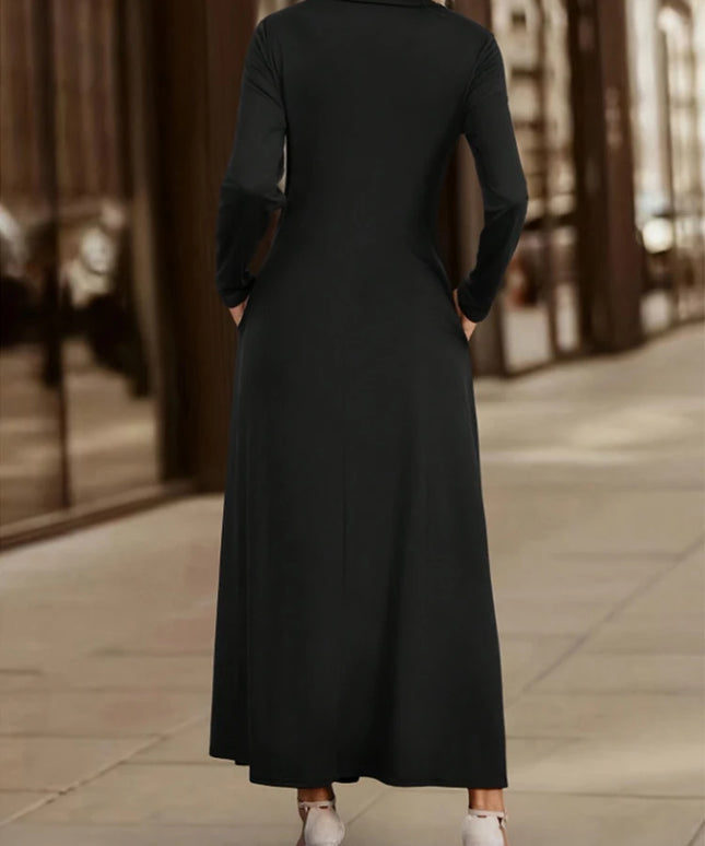 ﻿ Women's Elegant Solid Maxi Dress Fashion Simple Long Skirt 2025 Spring Autumn Slim Long Sleeves Shirt Dresses With Pockets