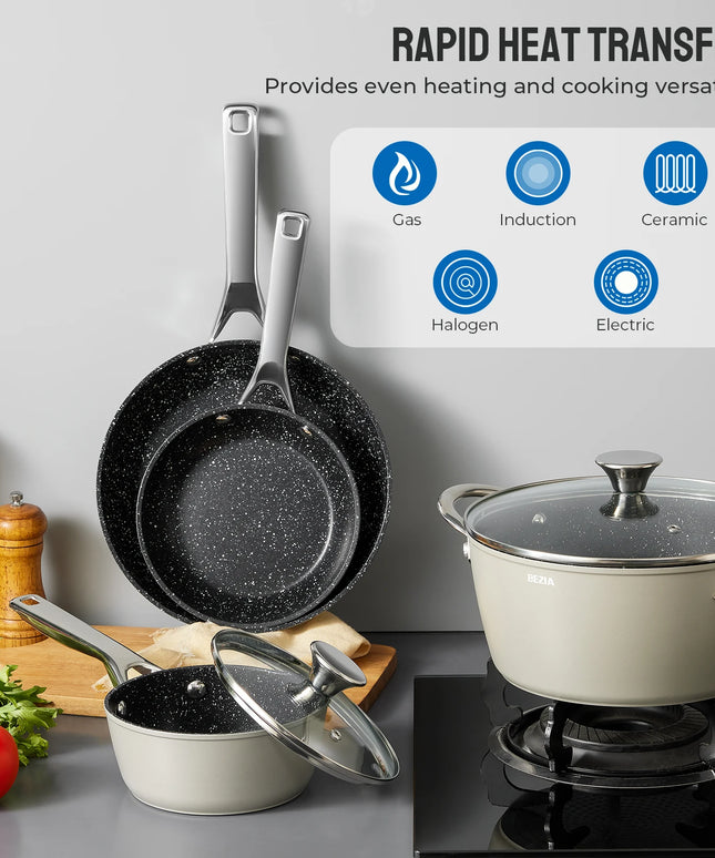 Induction Cookware Nonstick, 10-Piece, BEZIA Pots and Pans Set for Induction Cooktop, Compatible with All Stoves