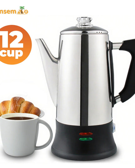 Electric Coffee Percolator 1.8L 12 Cup Stainless Steel Pot Urn Kettle Keep Warm Reusable Filter Basket Home Office Coffee Maker