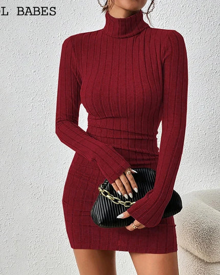 Women Dresses Elegant Party Autumn Winter New Turtleneck Long Sleeves Sexy Sheath Mini Dresses Bodycon Club Knitted Dress