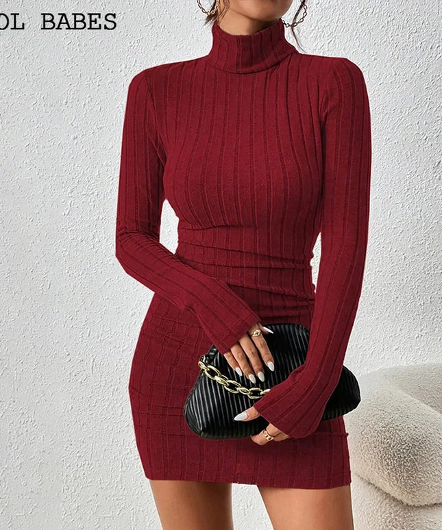 Women Dresses Elegant Party Autumn Winter New Turtleneck Long Sleeves Sexy Sheath Mini Dresses Bodycon Club Knitted Dress