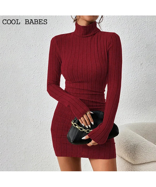Women Dresses Elegant Party Autumn Winter New Turtleneck Long Sleeves Sexy Sheath Mini Dresses Bodycon Club Knitted Dress