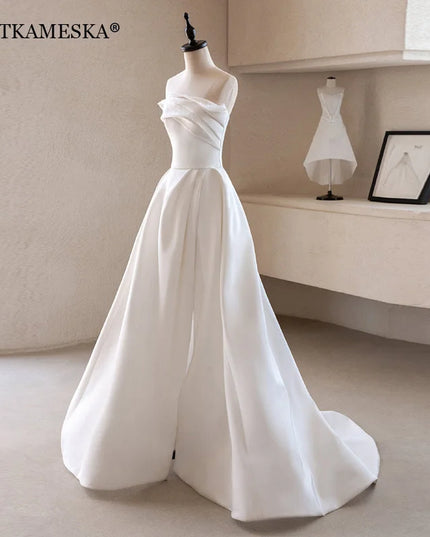 French Luxury White Satin Trailing Wedding Dresses for Bride 2025 Women Elegant Sexy Strapless Long Prom Party Dress vestidos