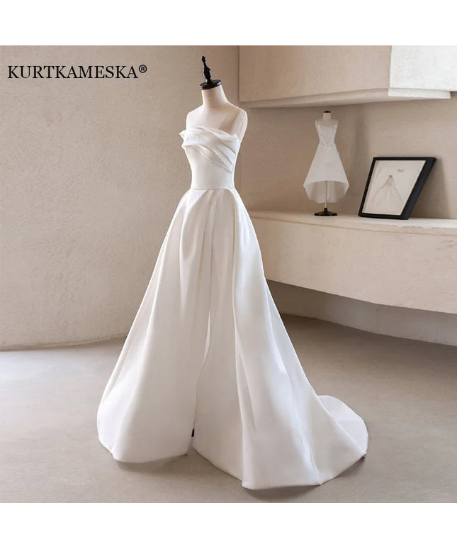 French Luxury White Satin Trailing Wedding Dresses for Bride 2025 Women Elegant Sexy Strapless Long Prom Party Dress vestidos