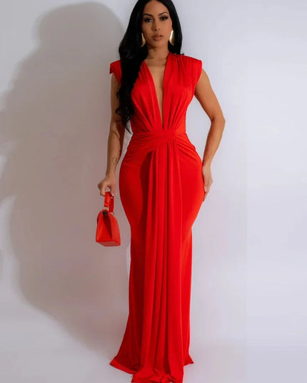Elegant Ruched Bodycon Maxi Dresses for Women Birthday Night Party Evening Prom Deep V-neck Sheath Celebrity Formal Long Dress