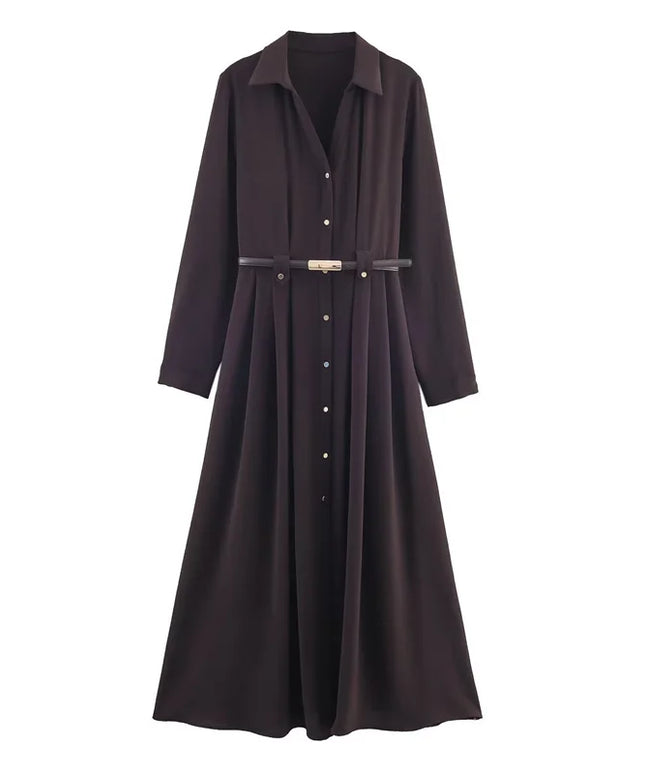 Women's Dress 2025 New Shirt-Style Design with Belt Mid-Length Skirt Women's Fashion Casual Long Dress