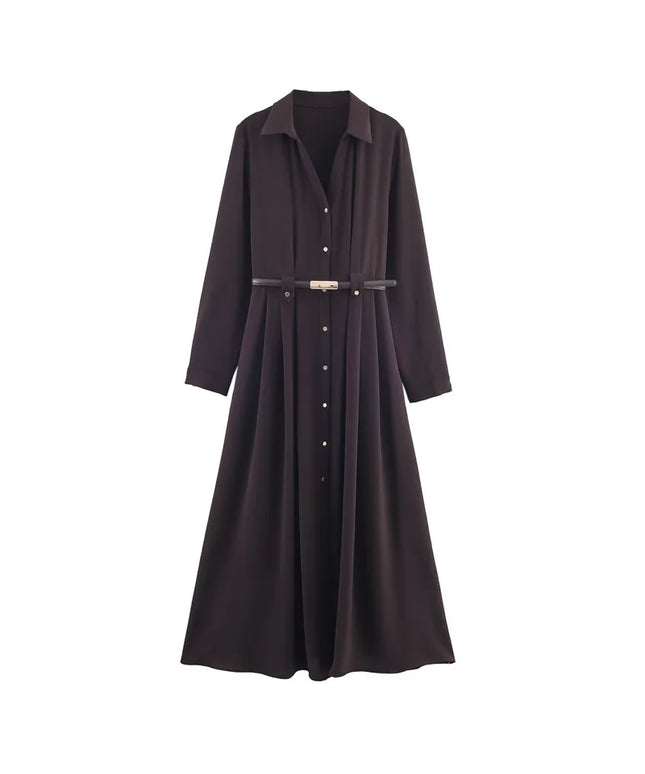 Women's Dress 2025 New Shirt-Style Design with Belt Mid-Length Skirt Women's Fashion Casual Long Dress