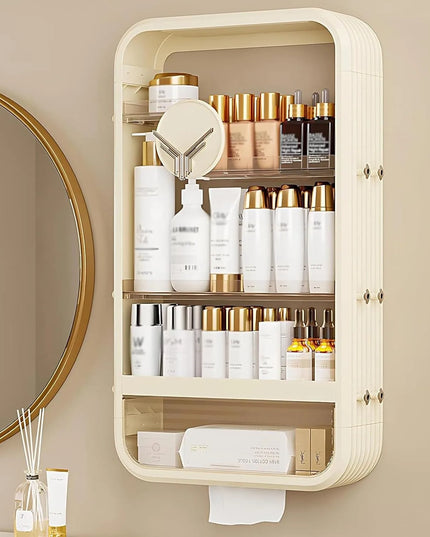 Wall Mount Makeup Organizer,Adhesive Shelf Bathroom Shelves for Wall, Perfume Organizers with Tissue Hole No Drilling Hang Walls