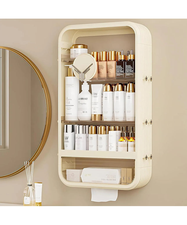Wall Mount Makeup Organizer,Adhesive Shelf Bathroom Shelves for Wall, Perfume Organizers with Tissue Hole No Drilling Hang Walls