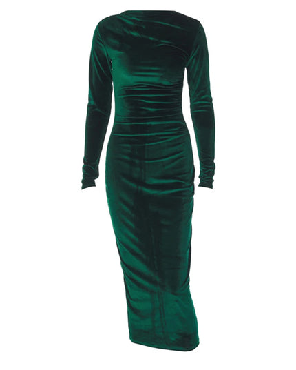 Dulzura 2024 Spring Summer Velvet Long Sleeve Midi Dress For Women Ruched Long Dress Elegant Party Clothes Evening Green Outfits