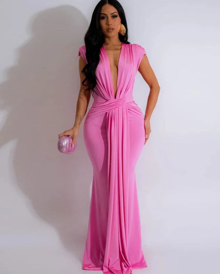 Elegant Ruched Bodycon Maxi Dresses for Women Birthday Night Party Evening Prom Deep V-neck Sheath Celebrity Formal Long Dress