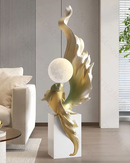 Luxury LED Moon Light Koi Fish Floor Sculpture Elegant Interior Home Decor Handcrafted Sculptural Art for Living Room Entryway