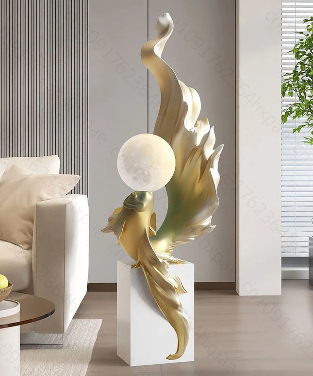 Luxury LED Moon Light Koi Fish Floor Sculpture Elegant Interior Home Decor Handcrafted Sculptural Art for Living Room Entryway