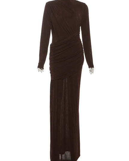 Nibber Folds Maxi Dress Women o-Neck Full Sleeve Solid Banquet Elegant Vacation Fashion Autumn Skinny Casual Simple Vestidos