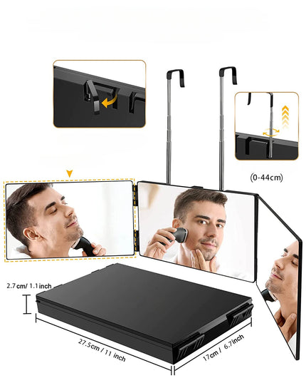 S Travel Portable 360 Trifold Vanity Makeup Mirror with Height Adjustable Telescoping Hook for Hair Self Cutting Fordable Mirror