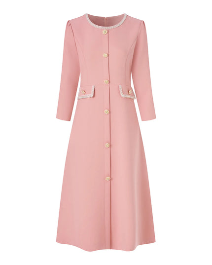 ZJYT New Fashion Beading Midi Dresses for Women Autumn 2025 Designer Long Sleeve Solid Pink Aline Casual Party Dress Vestidos