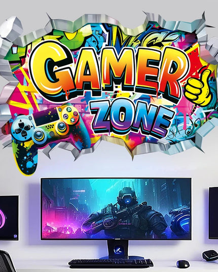 Larger Game Poster 3D Wall Hole Art Cool Gamer Zone Gamepad Vinyl Mural Stickers Home Decoration for Kids Bedroom Gaming Rooms