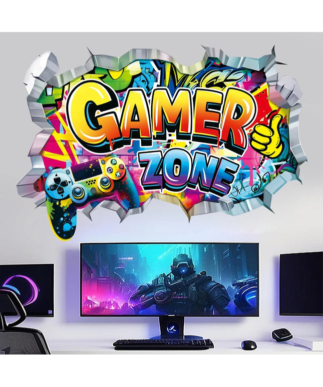 Larger Game Poster 3D Wall Hole Art Cool Gamer Zone Gamepad Vinyl Mural Stickers Home Decoration for Kids Bedroom Gaming Rooms