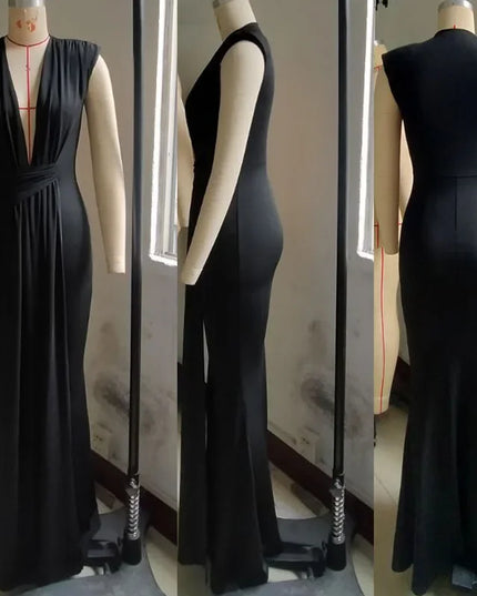 Elegant Ruched Bodycon Maxi Dresses for Women Birthday Night Party Evening Prom Deep V-neck Sheath Celebrity Formal Long Dress