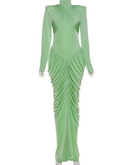 Weird Puss Autumn New Style Maxi Dress Women Turtleneck Full Sleeve Backless Skinny Stretch  Prom Party Ruched Elegant Vestidos