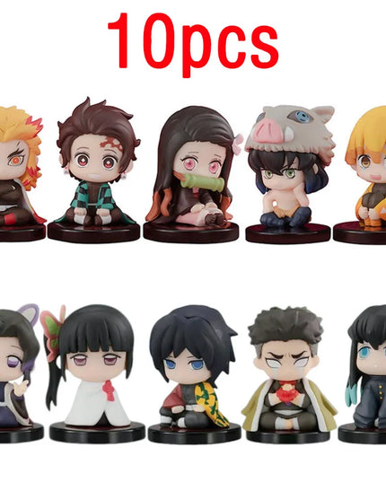 10pcs Set Q Version Demon Slayer Sitting Ghost Doll Tanjiro Nidouzi Inosuke Zenizu Figure Action Figure Movie Model kid Toy Gift