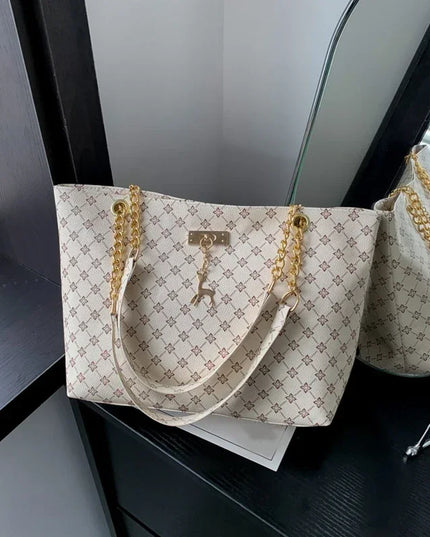 1pcs Fashionable Large Capacity Handbag Texture PU Leather Tote Women Bag with Hanging Accessories Shoulder Bag