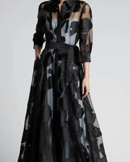 Fashion Autumn Dress for Women Polk Dot Elegant Turn Down Collar Transperant 3/4 Sleeve Elegant Casual Vintage A-Line Long Dress