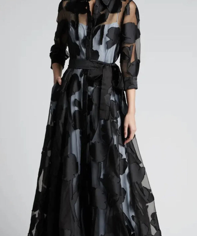 Fashion Autumn Dress for Women Polk Dot Elegant Turn Down Collar Transperant 3/4 Sleeve Elegant Casual Vintage A-Line Long Dress