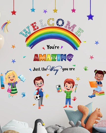 Cartoon Welcome Inspirational Phrases Wall Stickers Detachable Children's Tenant Hall Nursery Decoration Wall Stickers