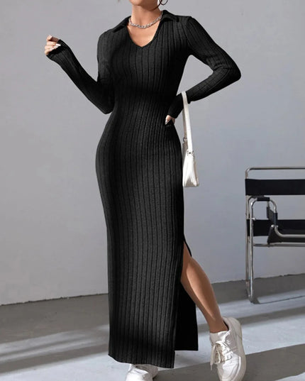 Spring and summer 2024 new style knitted slim lapel long sleeve dress pit strip solid color tight skirt