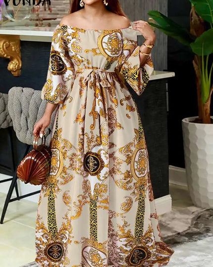 VONDA Women Printed Party Dress 2024 Sexy Off Shoulder Long Lantern Sleeve Bohemian Sundress Belted Vintage Maxi Robe Oversized