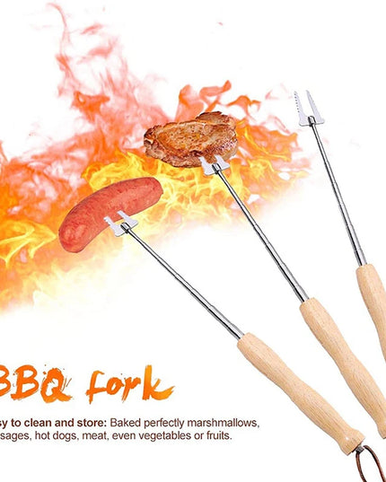 80Cm Barbecue Skewers Stainless Steel Wooden Handle Long Campfire Telescopic Extendable BBQ Fork Barbecue Accessories