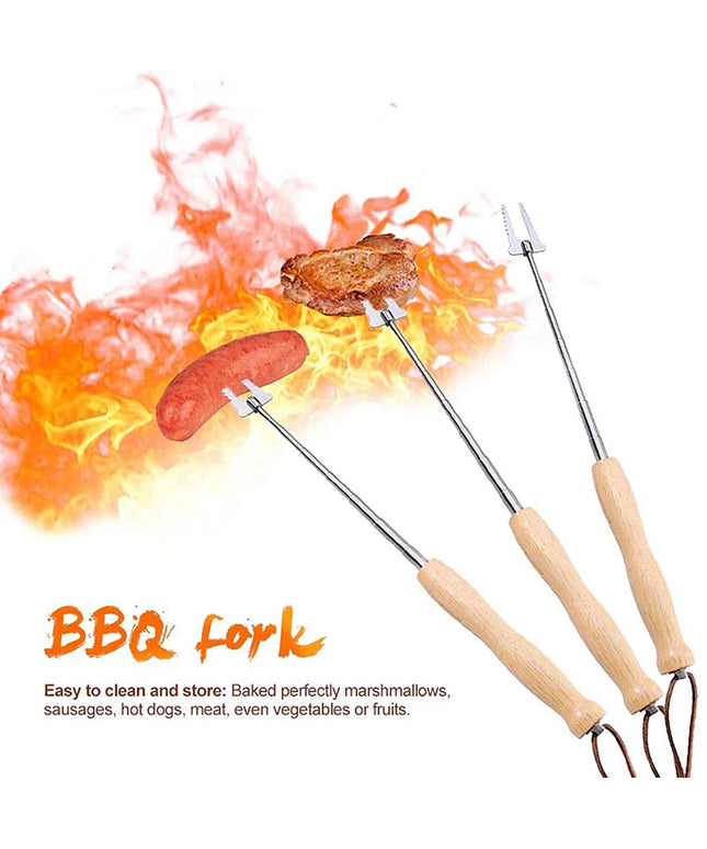 80Cm Barbecue Skewers Stainless Steel Wooden Handle Long Campfire Telescopic Extendable BBQ Fork Barbecue Accessories