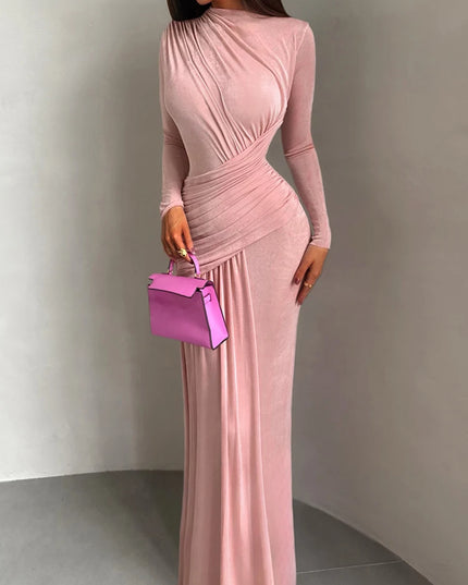 Sisterlinda Folds Maxi Dress Women o-Neck Full Sleeve Solid Banquet Elegant Vacation Fashion Autumn Skinny Casual Simple Vestido